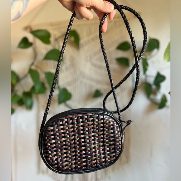 Vintage Handbags - Vintage Woven Leather Crossbody Bag Boho Basket Weave Mini Purse